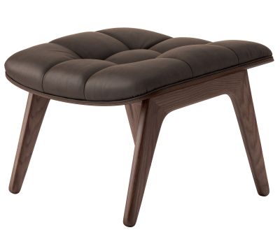 Mammoth Ottoman mit dunklem Lederbezug und Eichenholzgestell, ein stilvoller Hocker für Wohnzimmer.